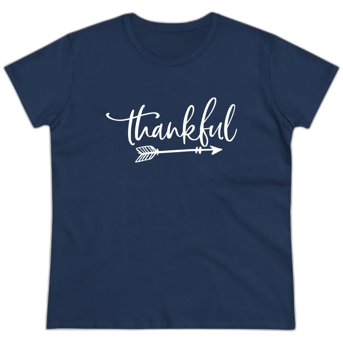 Arrow Thankful Typography Design Ladies Tee in Navy