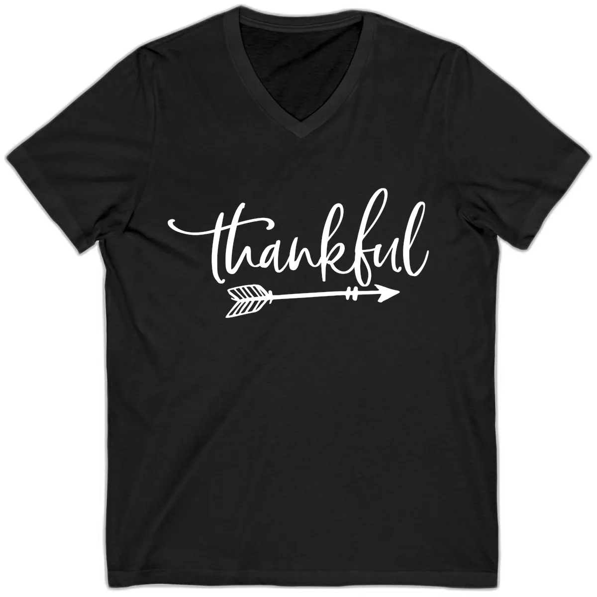 Arrow Thankful Typography Design V-Neck in Black