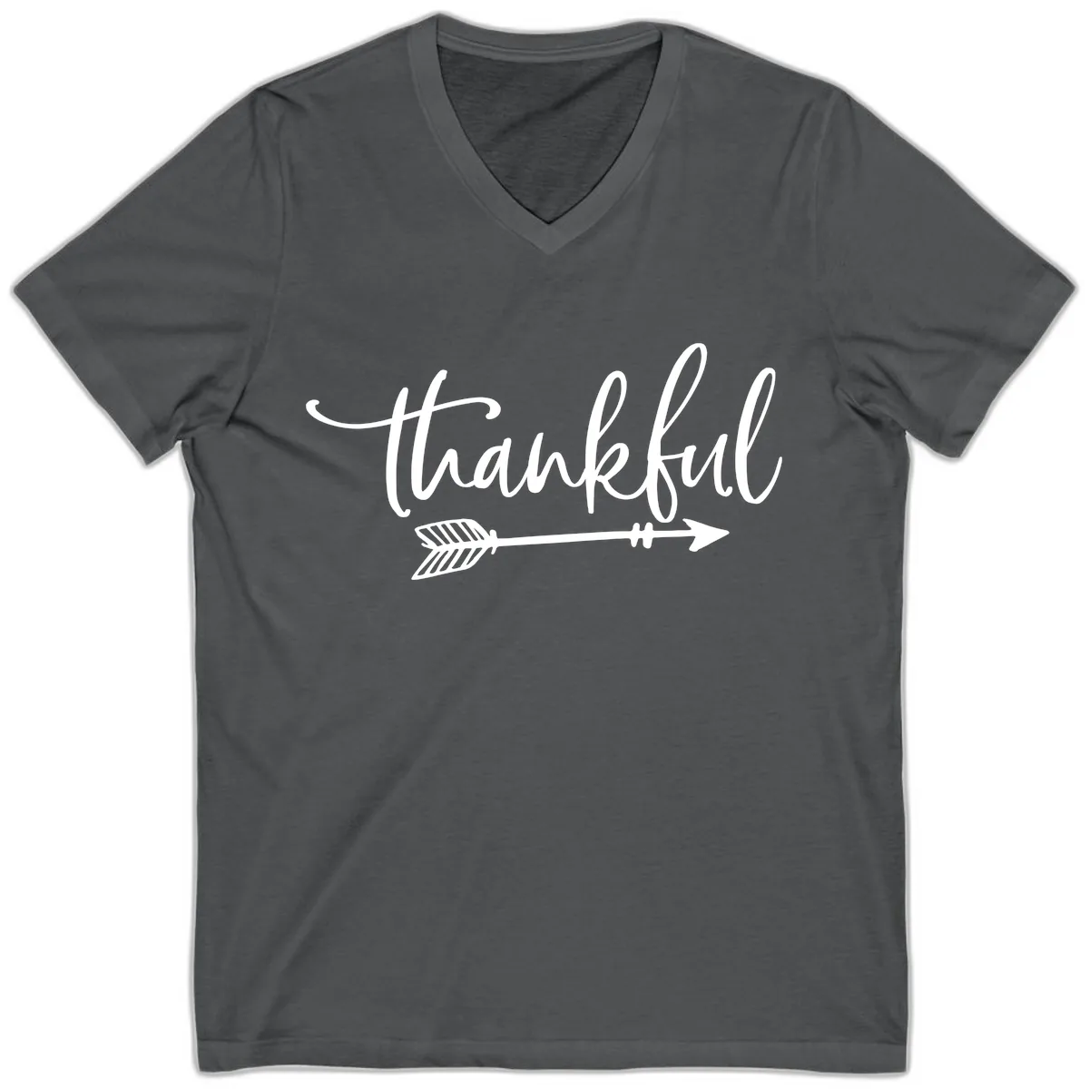 Arrow Thankful Typography Design V-Neck in Asphalt