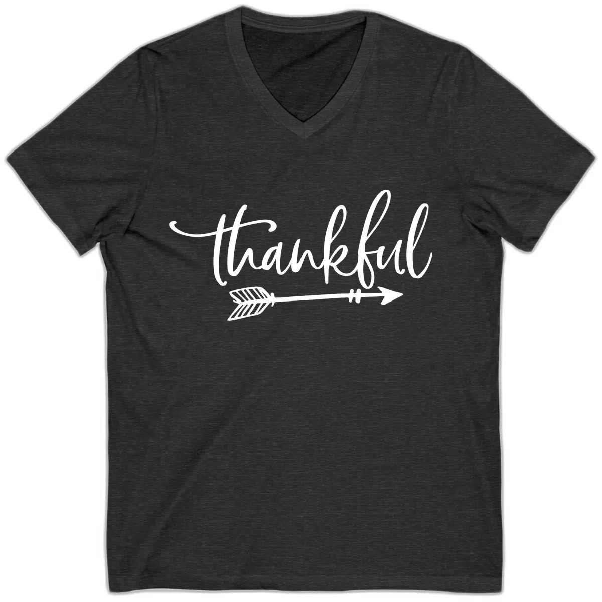 Arrow Thankful Typography Design V-Neck in Dark Grey Heather