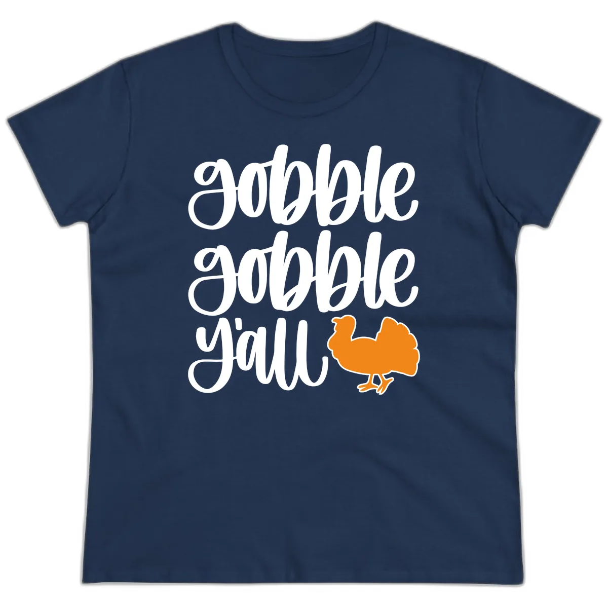 Gobble Gobble Y'all Turkey Design Ladies Tee in Navy