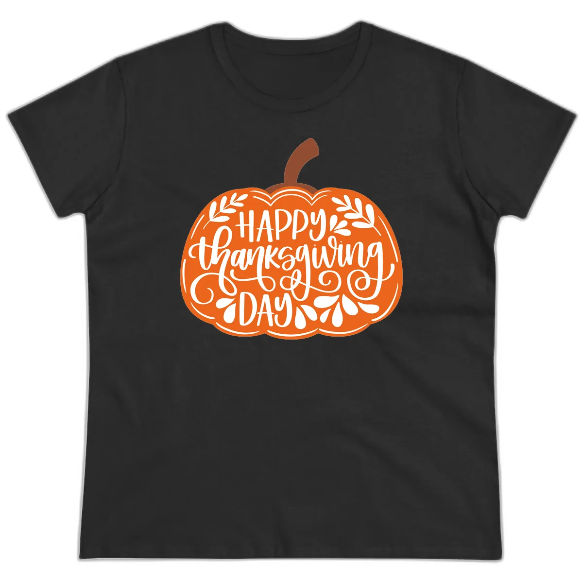 Happy Thanksgiving Pumpkin Design Ladies Tee in Black