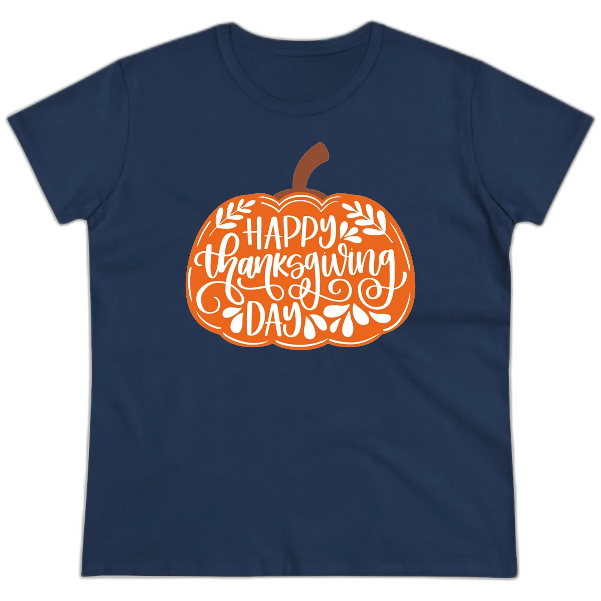 Happy Thanksgiving Pumpkin Design Ladies Tee in Navy