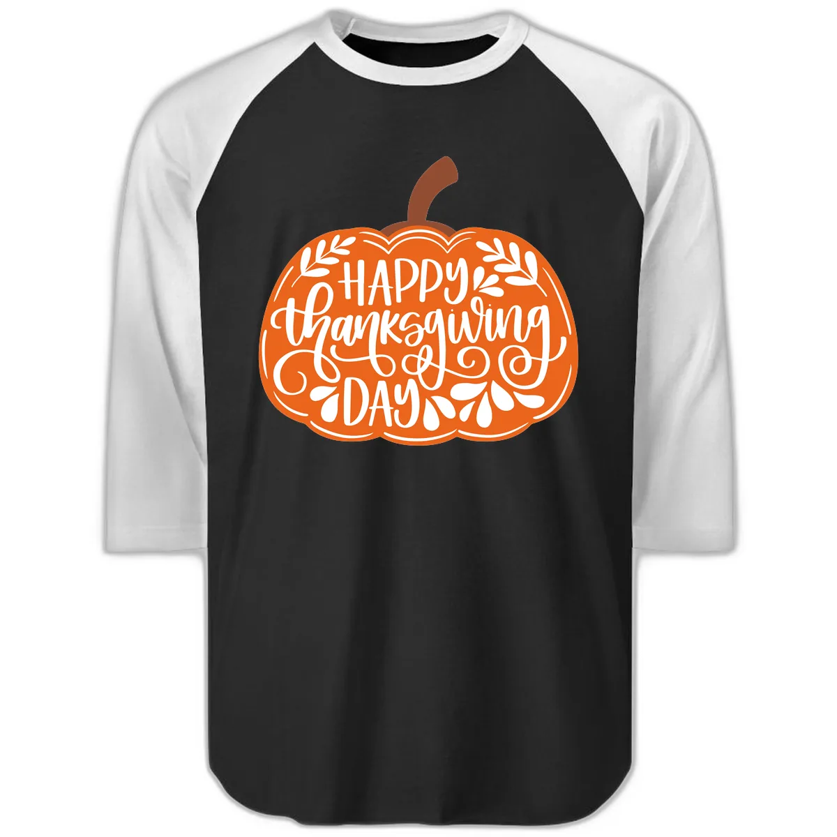 Happy Thanksgiving Pumpkin Design Raglan 3/4 in Black White