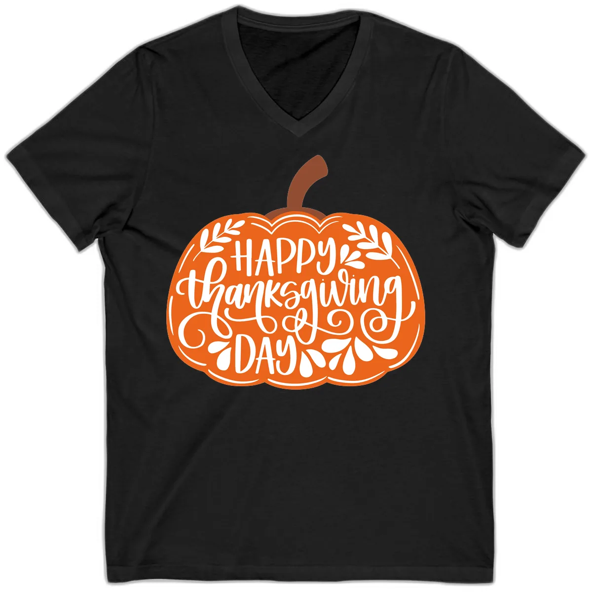 Happy Thanksgiving Pumpkin Design V-Neck in Black