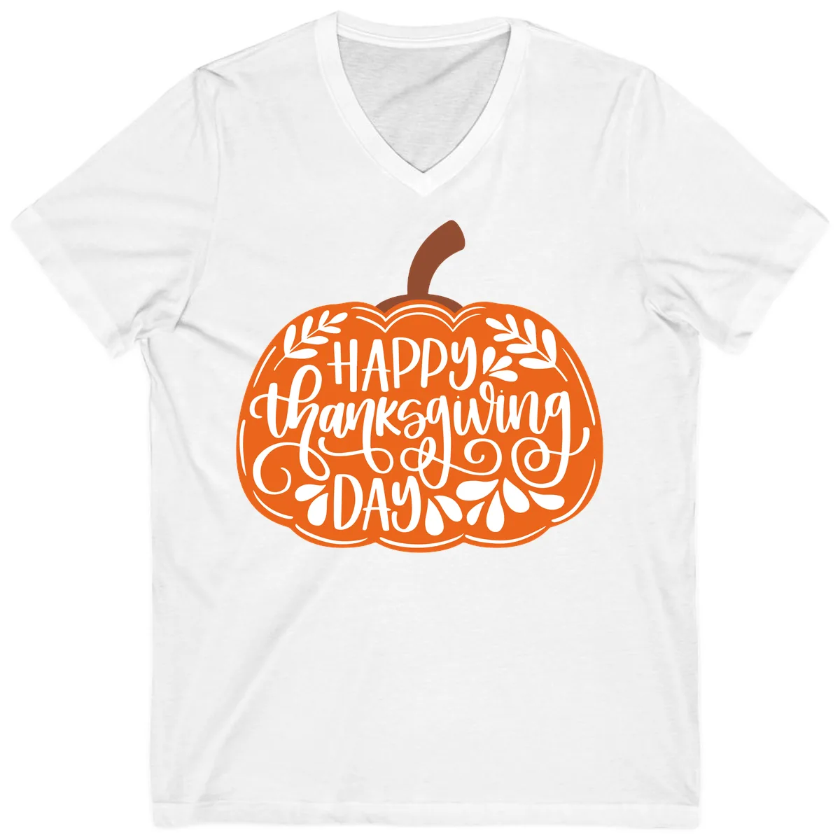 Happy Thanksgiving Pumpkin Design V-Neck in White