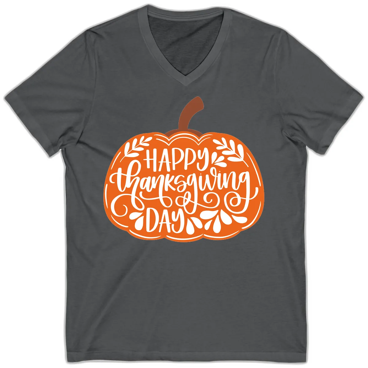 Happy Thanksgiving Pumpkin Design V-Neck in Asphalt