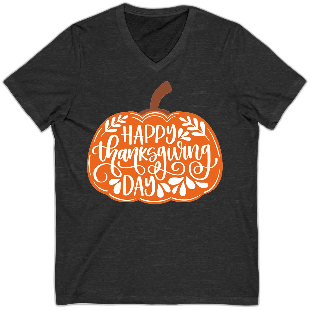 Happy Thanksgiving Pumpkin Design V-Neck in Dark Grey Heather