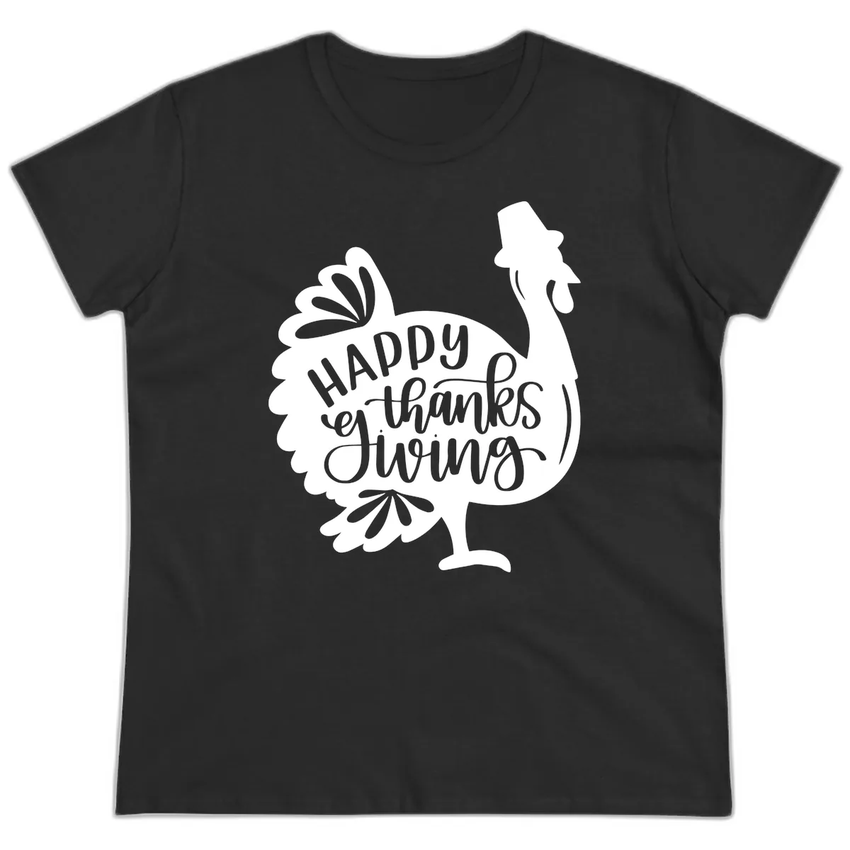 Happy Thanksgiving Turkey Typography Ladies Tee in Black