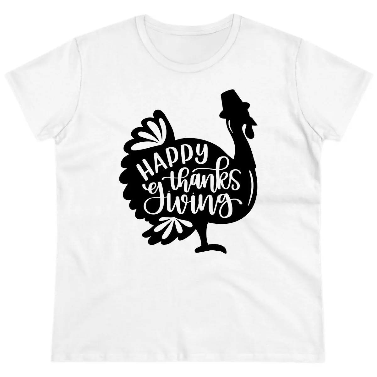 Happy Thanksgiving Turkey Typography Ladies Tee in White