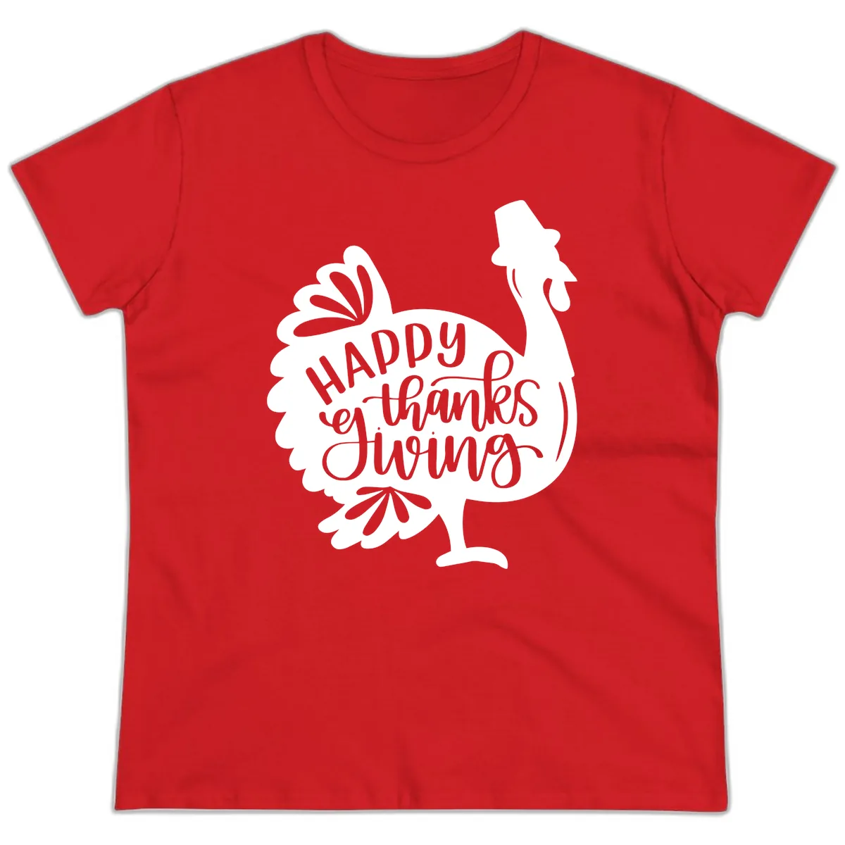 Happy Thanksgiving Turkey Typography Ladies Tee in Red