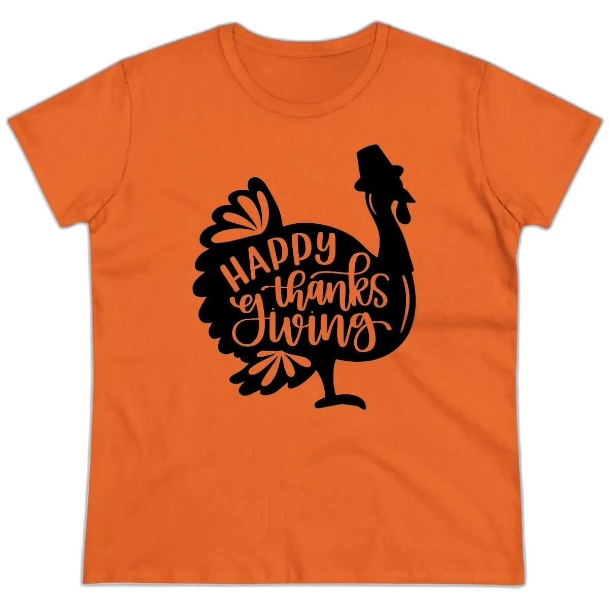 Happy Thanksgiving Turkey Typography Ladies Tee in Orange