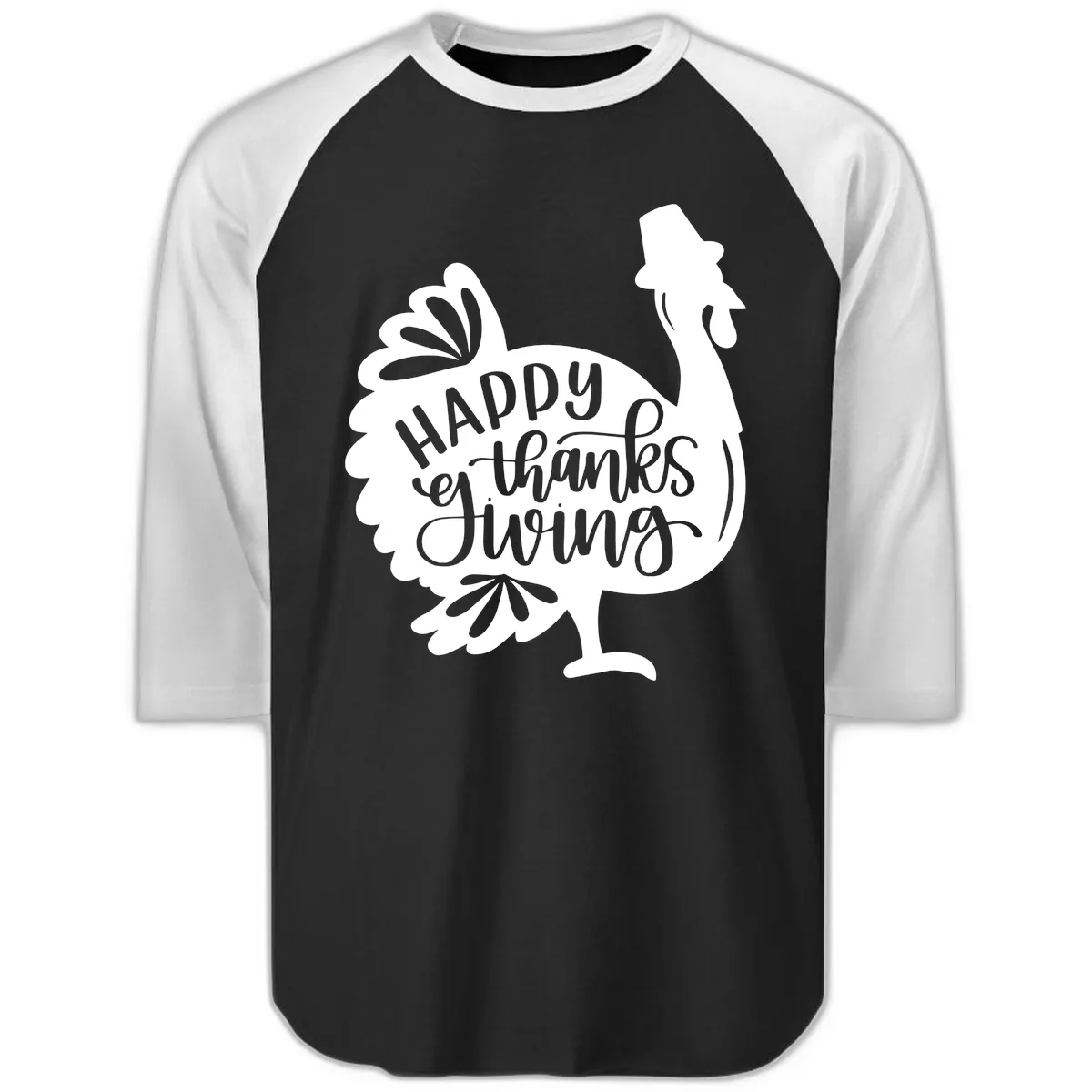Happy Thanksgiving Turkey Typography Raglan 3/4 in Black White