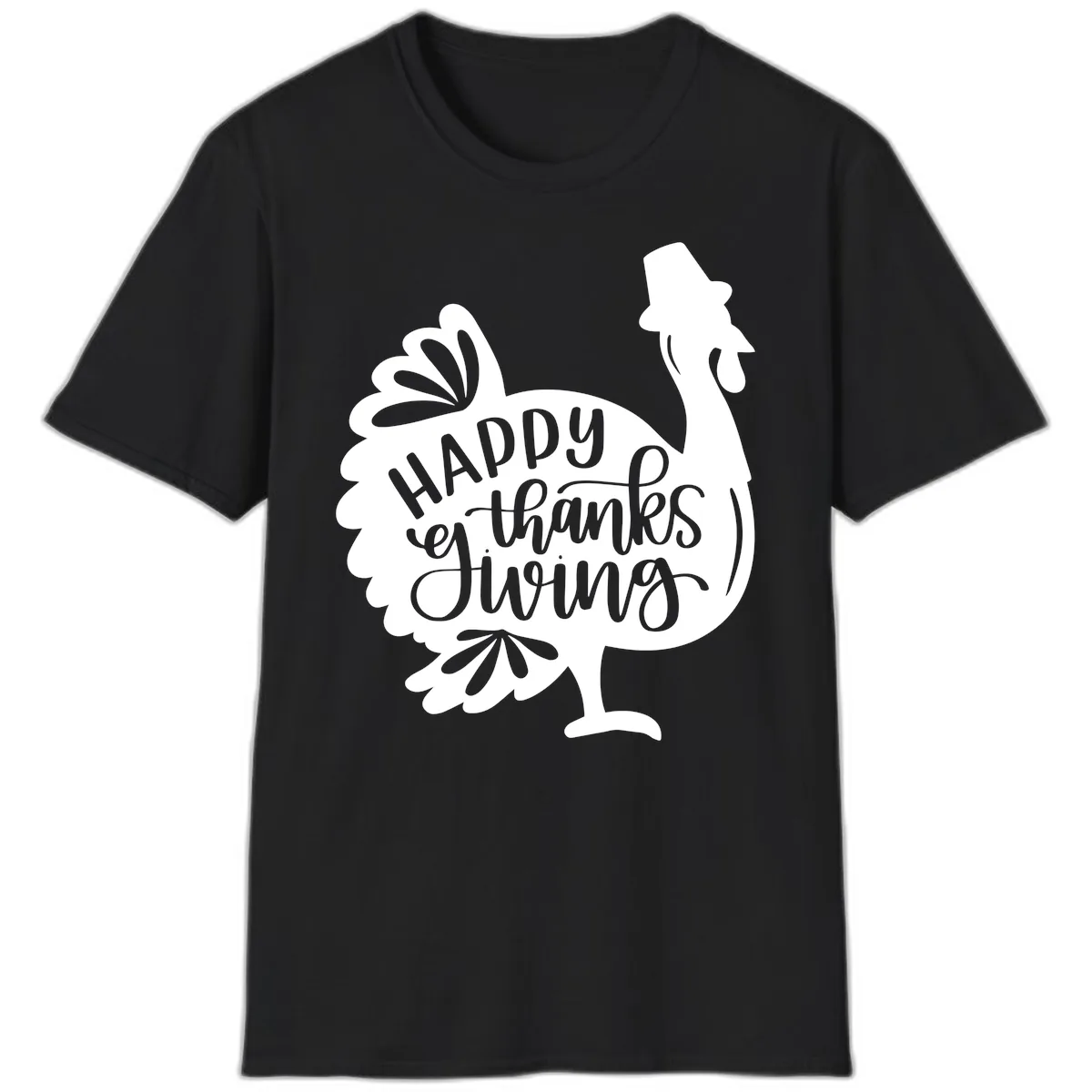 Happy Thanksgiving Turkey Typography T-Shirt in Black