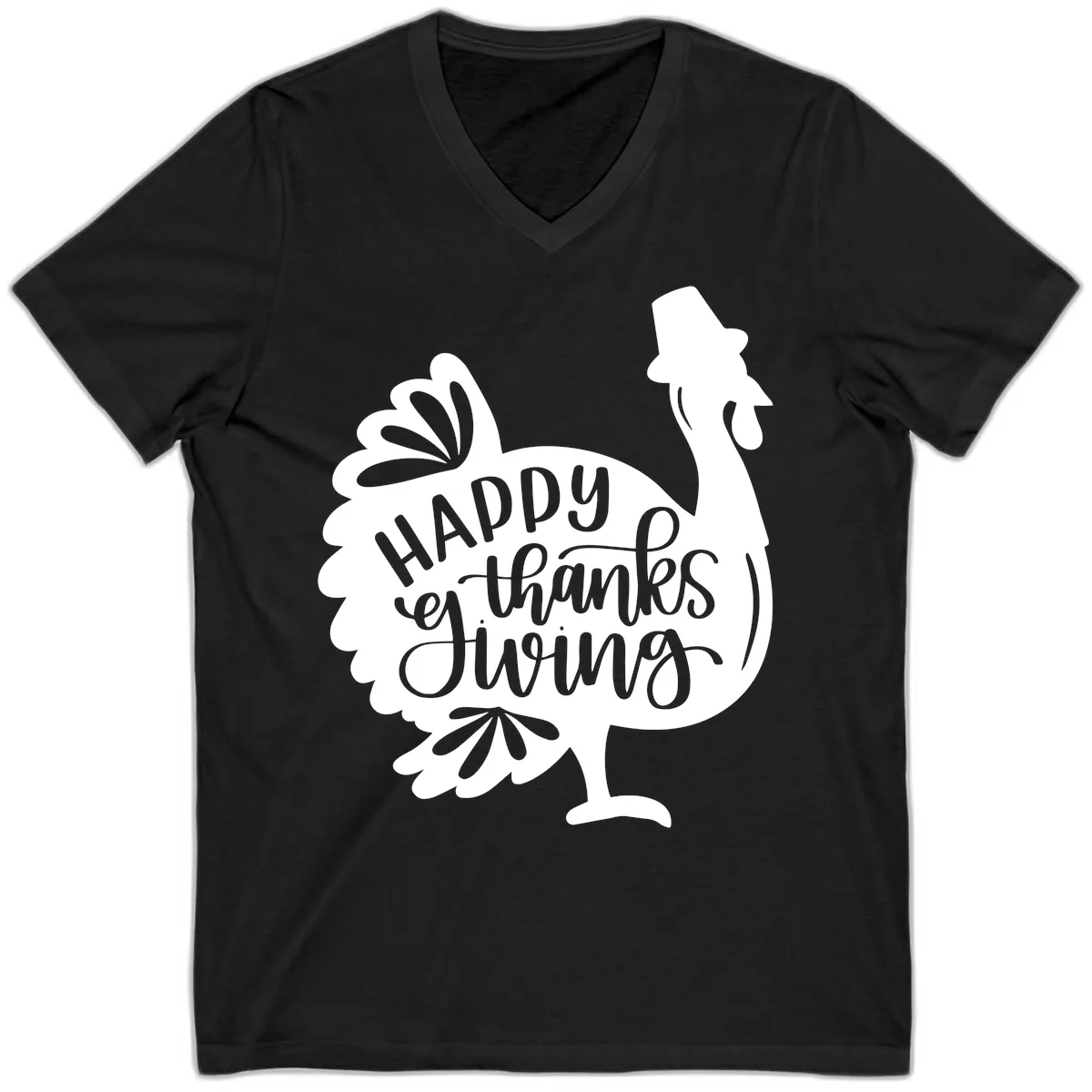 Happy Thanksgiving Turkey Typography V-Neck in Black