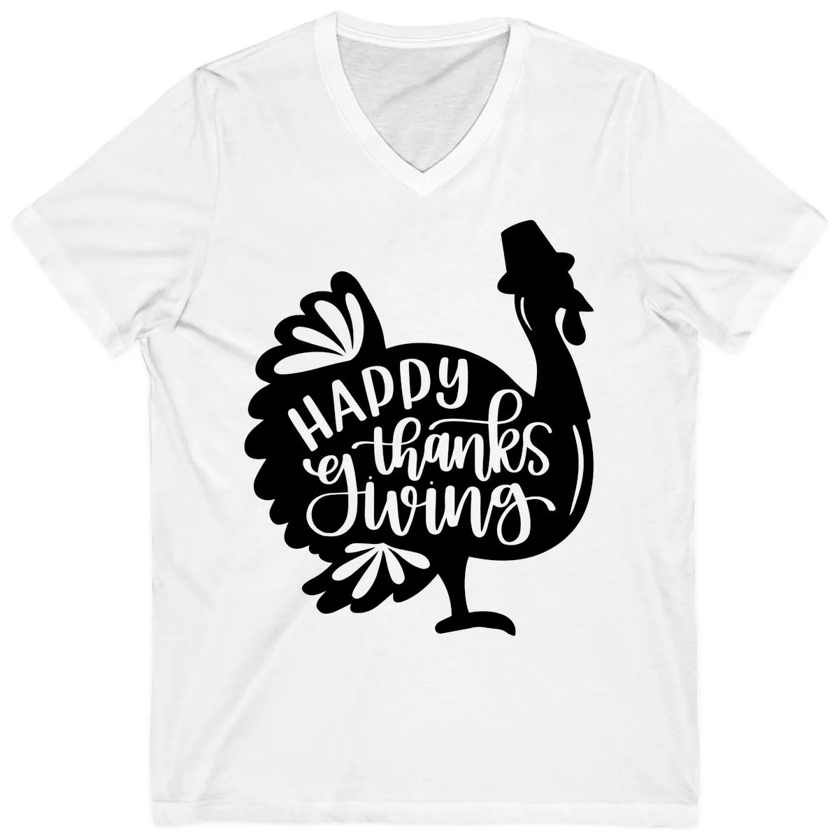 Happy Thanksgiving Turkey Typography V-Neck in White
