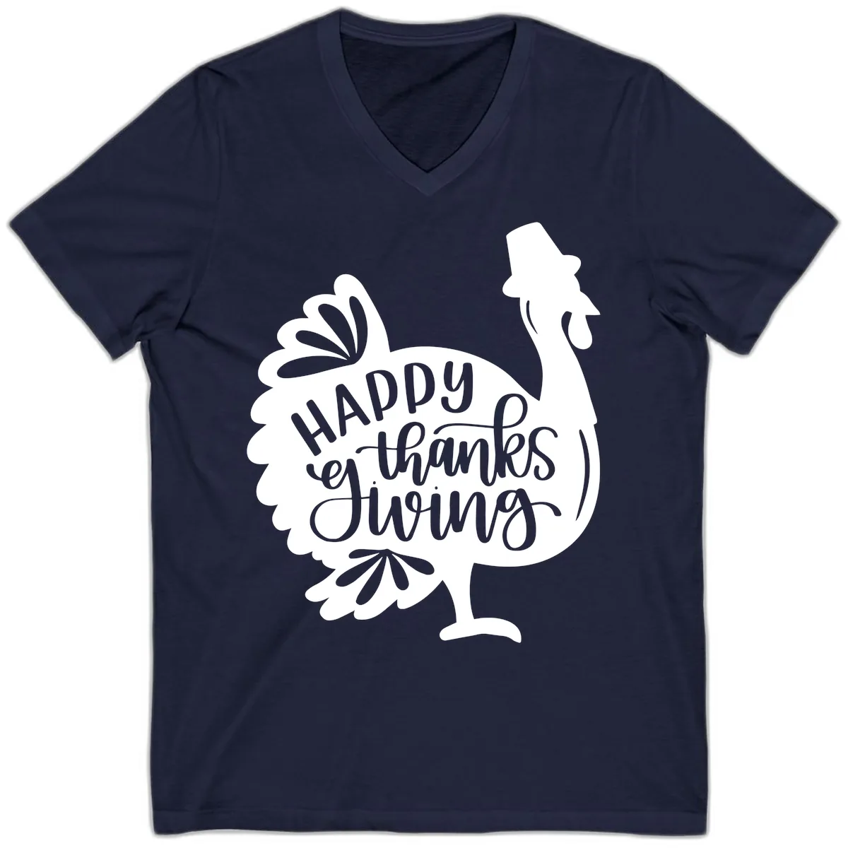 Happy Thanksgiving Turkey Typography V-Neck in Navy