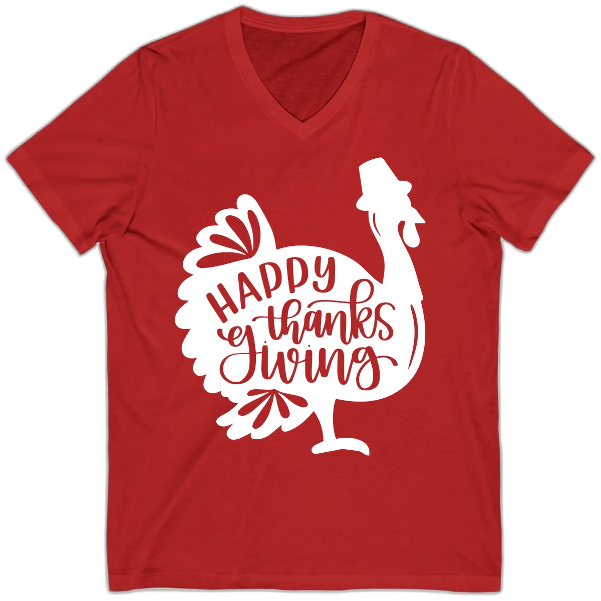 Happy Thanksgiving Turkey Typography V-Neck in Red