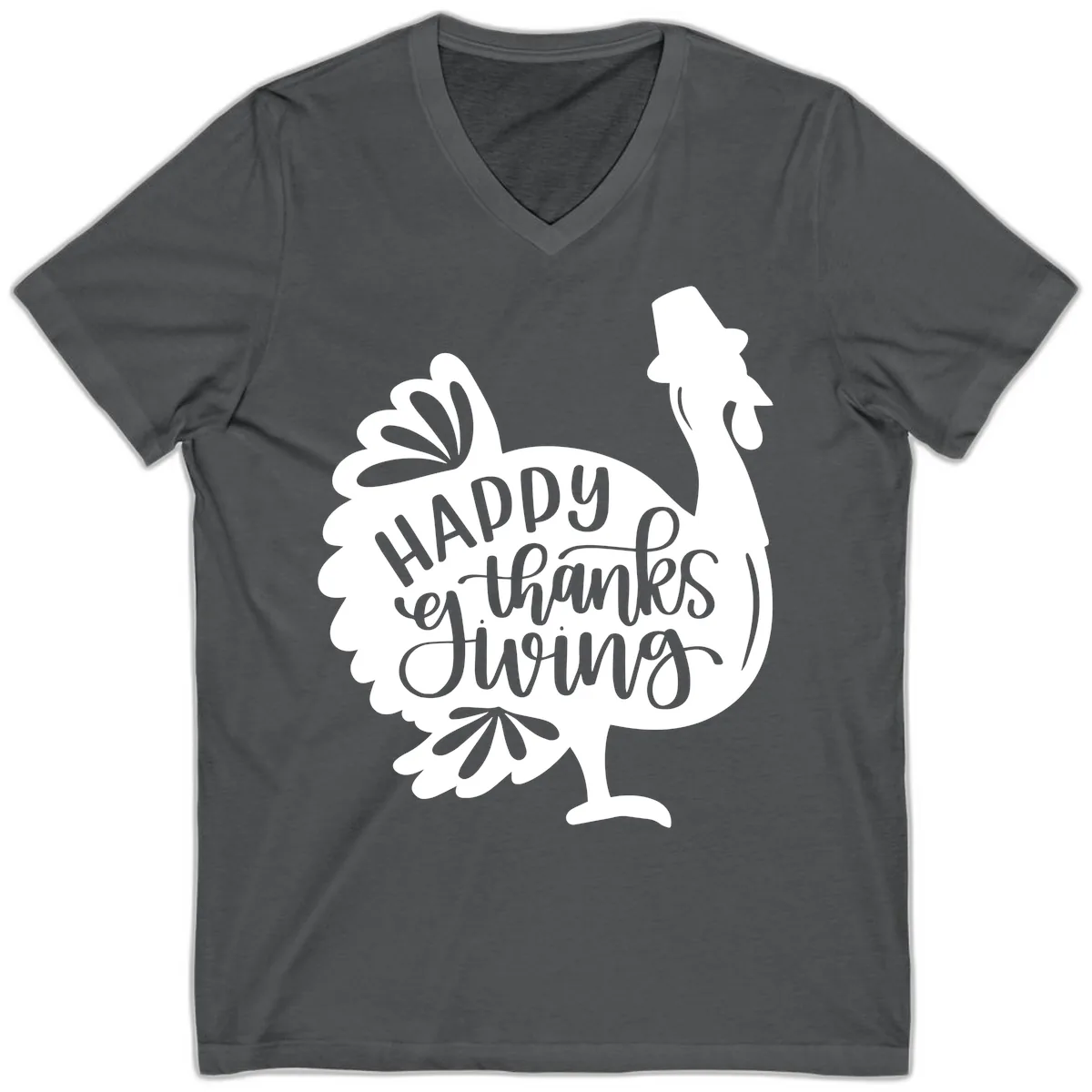 Happy Thanksgiving Turkey Typography V-Neck in Asphalt
