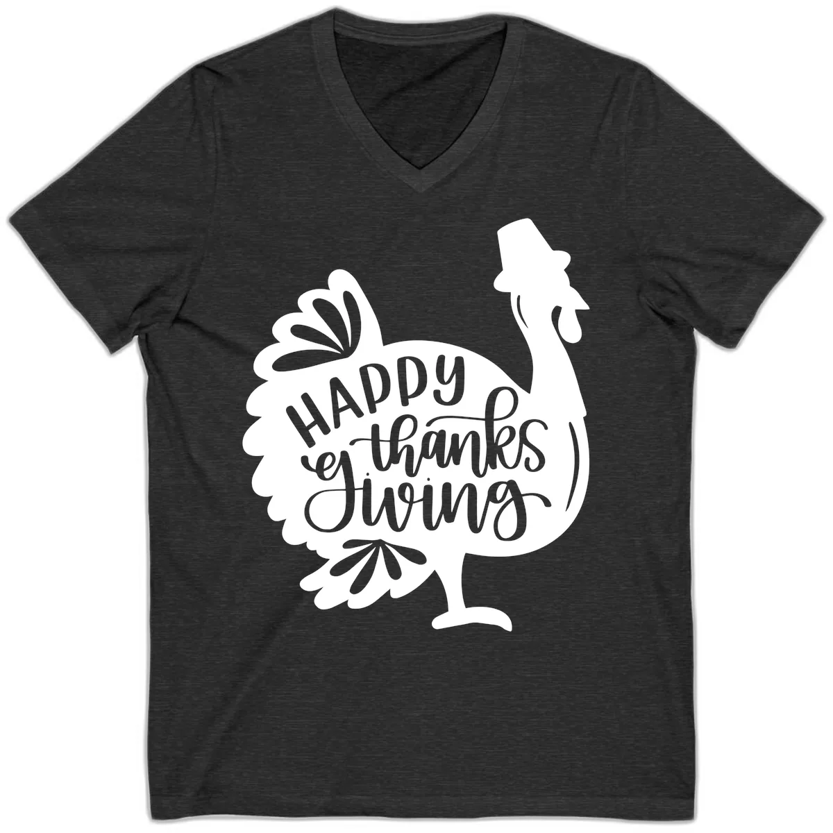 Happy Thanksgiving Turkey Typography V-Neck in Dark Grey Heather