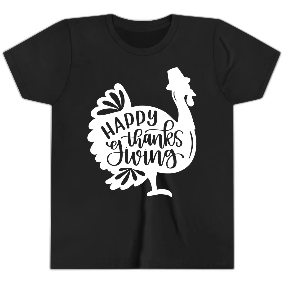 Happy Thanksgiving Turkey Typography Youth T-Shirt in Black