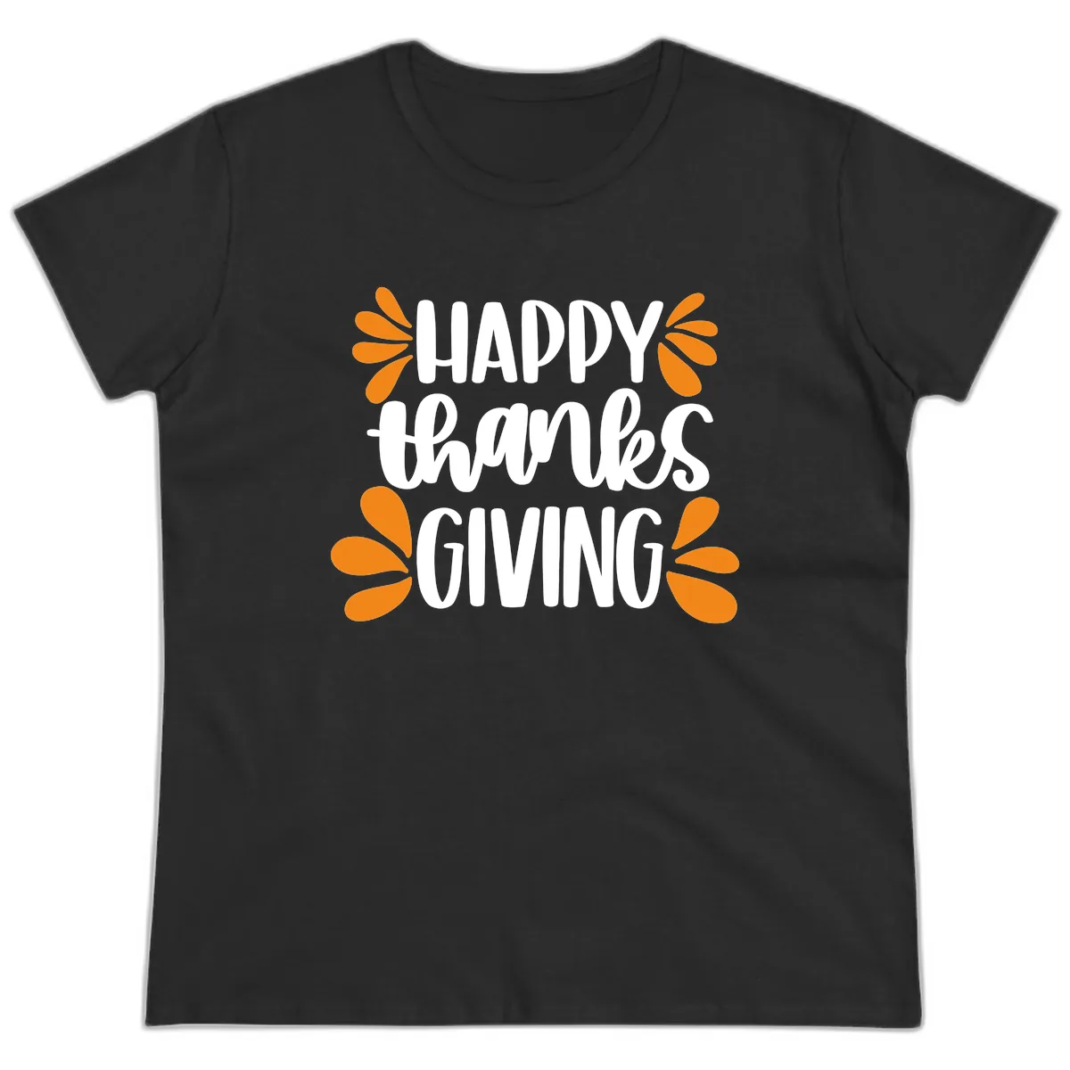 Happy Thanksgiving Script Typography Ladies Tee in Black