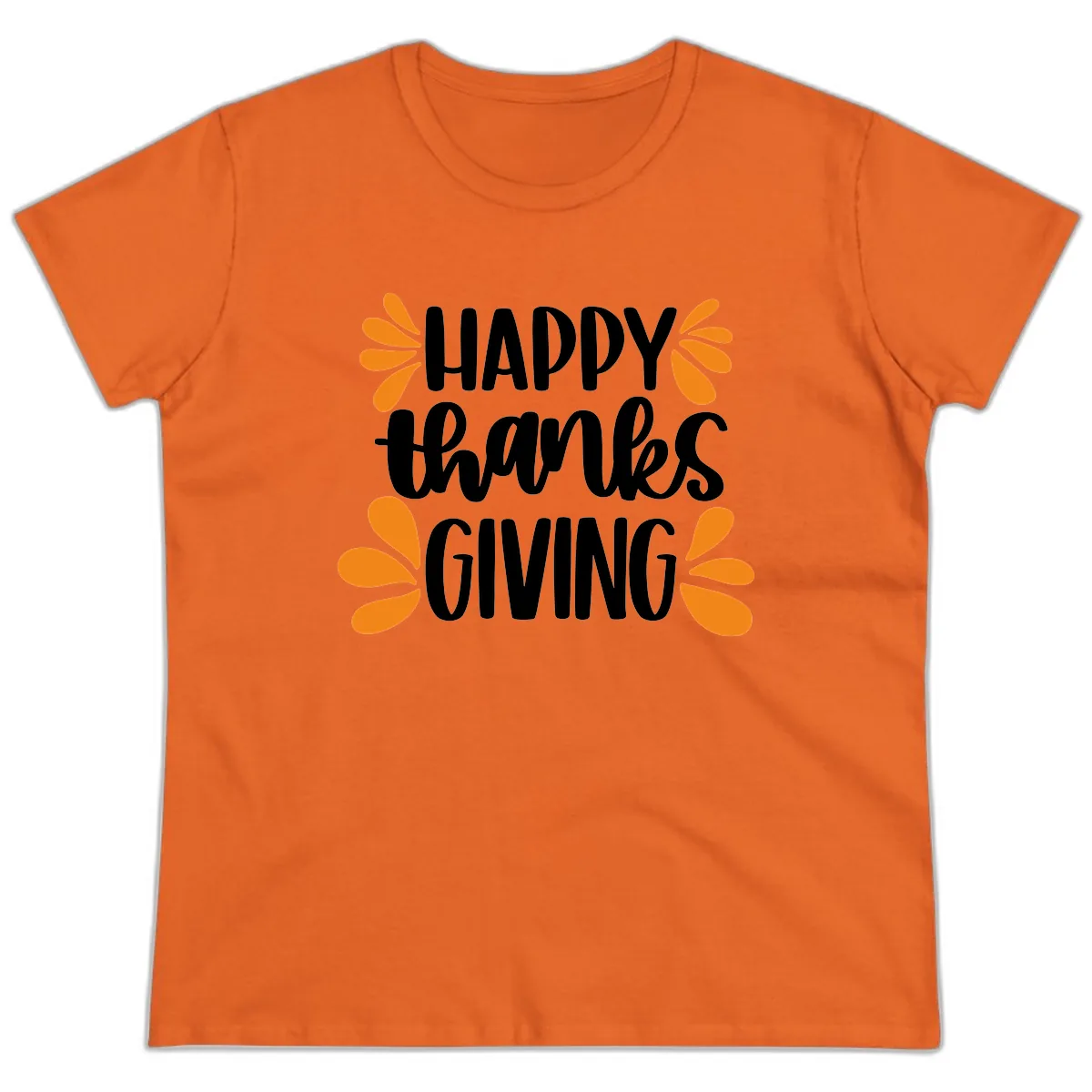 Happy Thanksgiving Script Typography Ladies Tee in Orange
