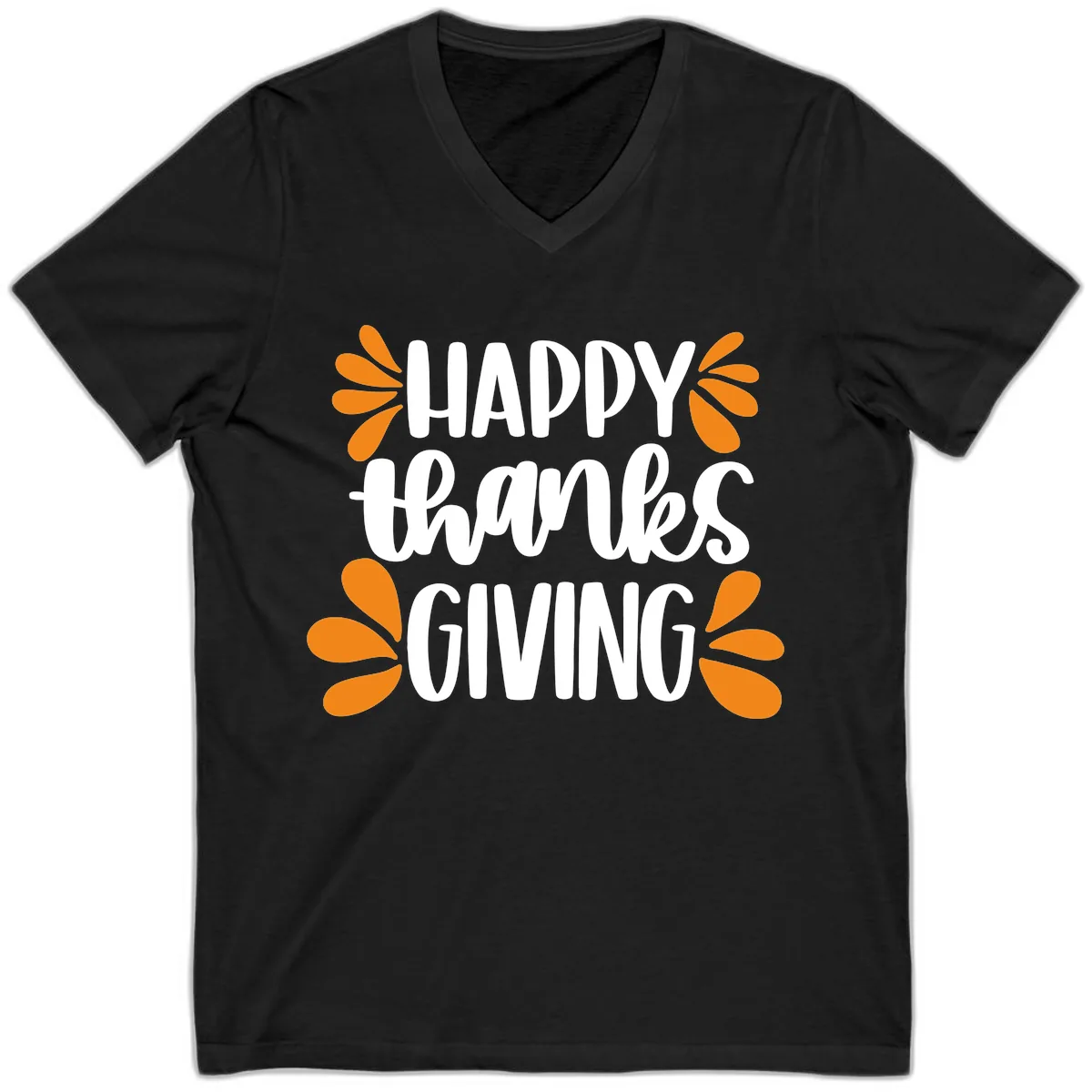 Happy Thanksgiving Script Typography V-Neck in Black