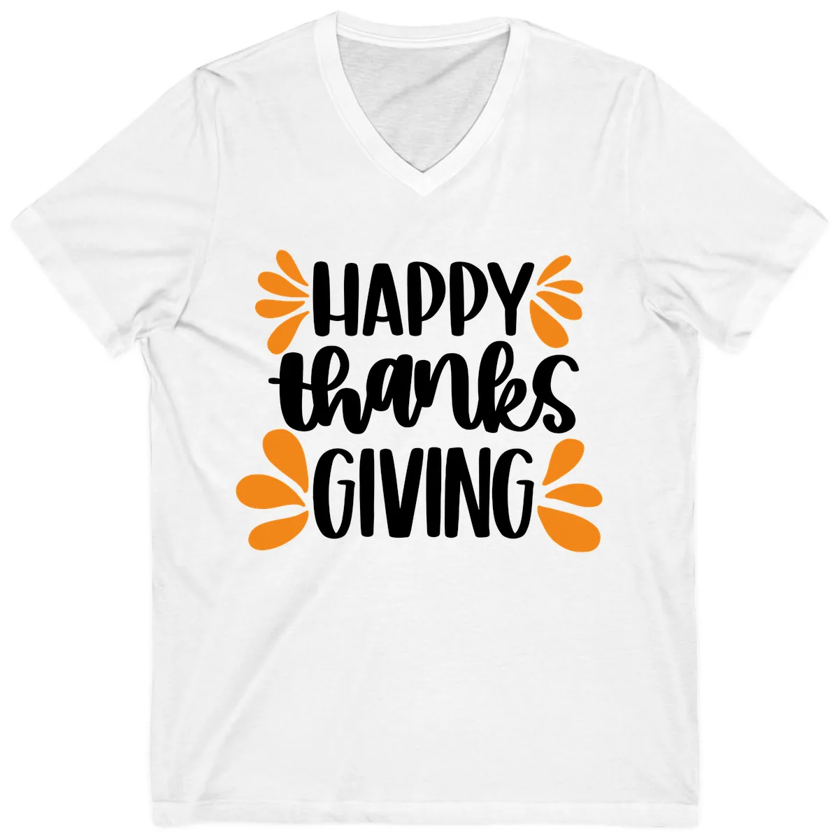 Happy Thanksgiving Script Typography V-Neck in White