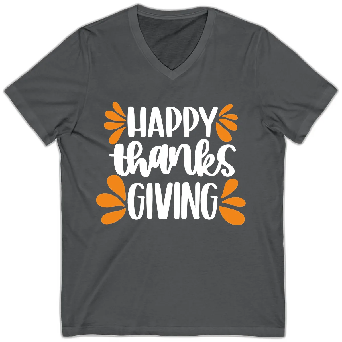 Happy Thanksgiving Script Typography V-Neck in Asphalt