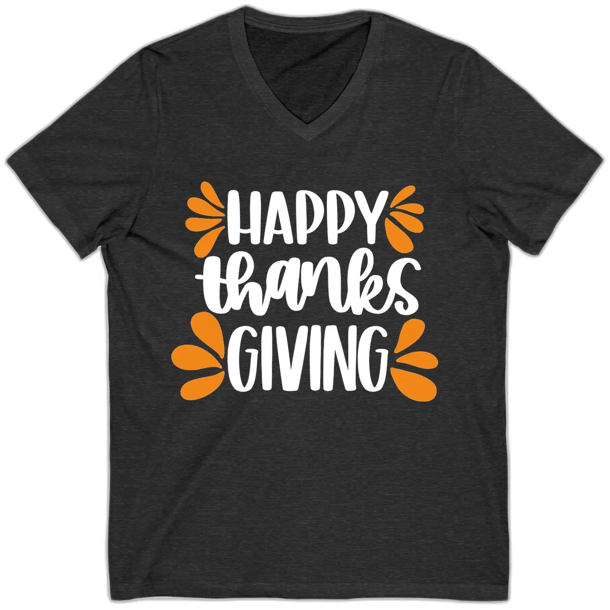 Happy Thanksgiving Script Typography V-Neck in Dark Grey Heather