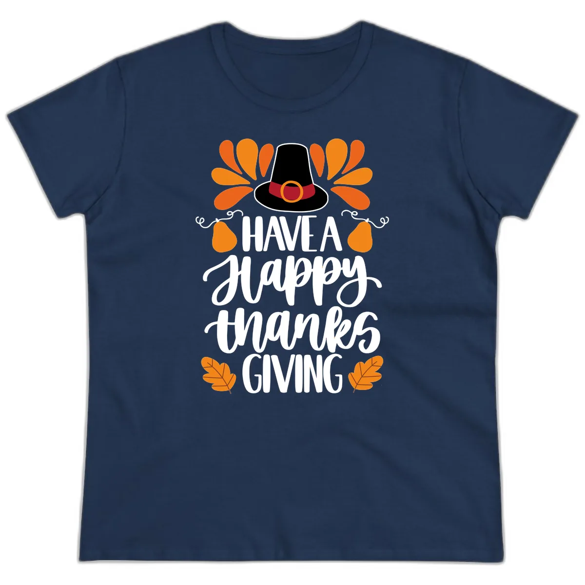 Have A Happy Thanksgiving Typography Ladies Tee in Navy