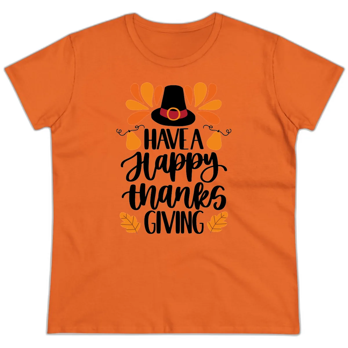 Have A Happy Thanksgiving Typography Ladies Tee in Orange