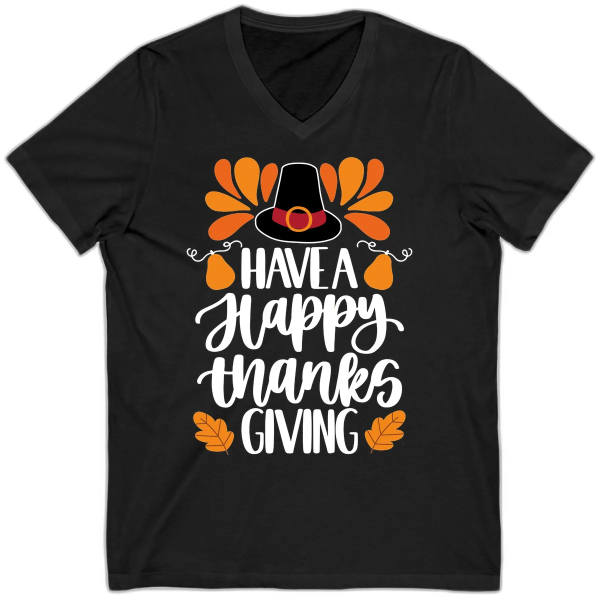 Have A Happy Thanksgiving Typography V-Neck in Black