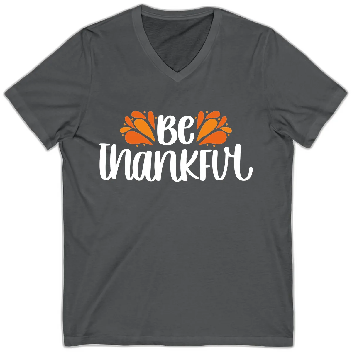 Be Thankful Thanksgiving Typography V-Neck in Asphalt