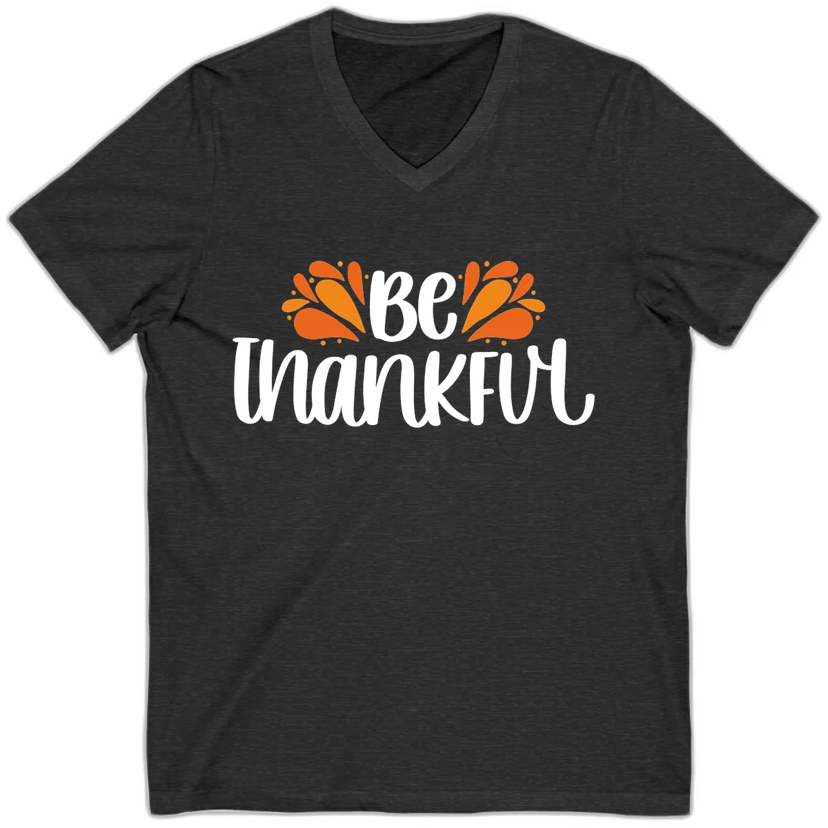 Be Thankful Thanksgiving Typography V-Neck in Dark Grey Heather