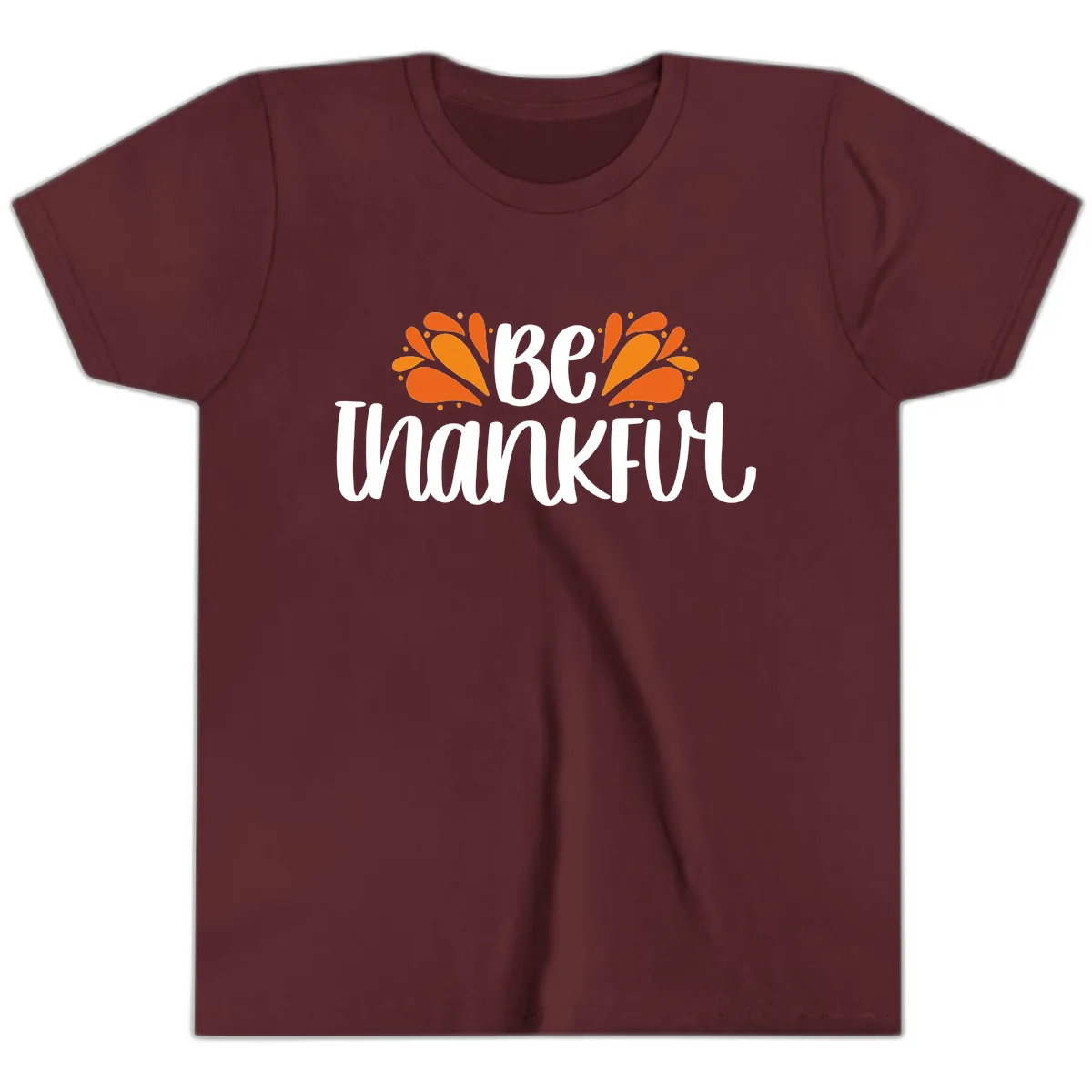 Be Thankful Thanksgiving Typography Youth T-Shirt in Maroon