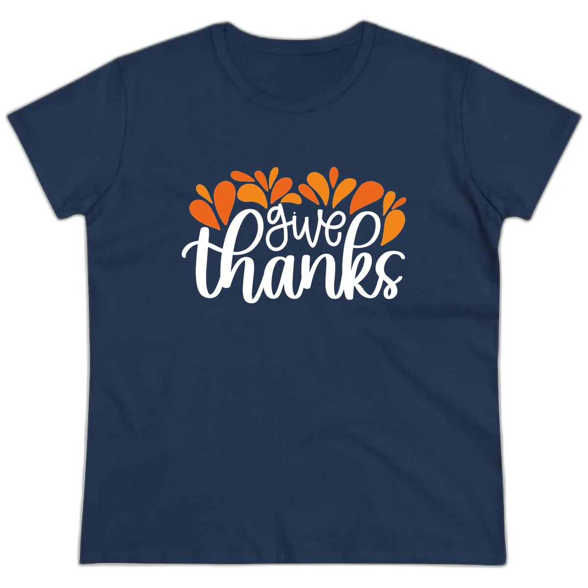 Give Thanks Leaves Design Ladies Tee in Navy