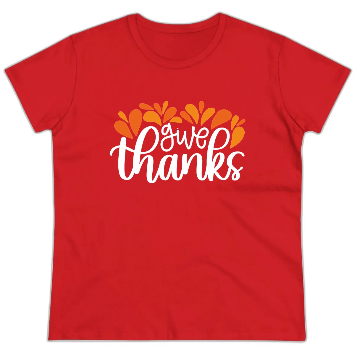 Give Thanks Leaves Design Ladies Tee in Red