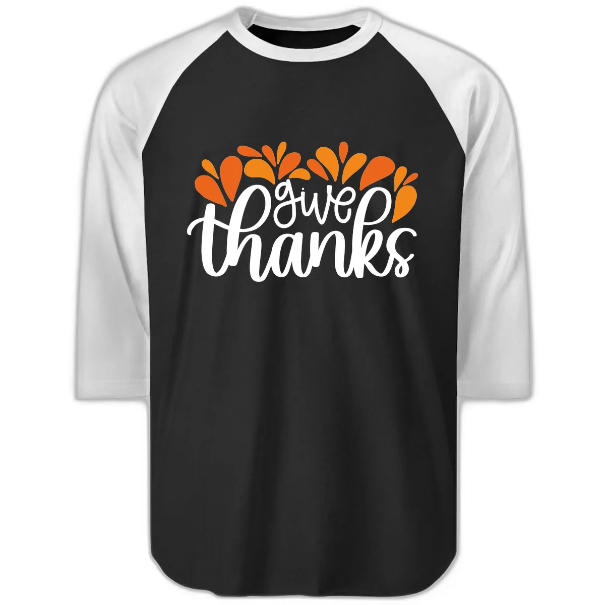 Give Thanks Leaves Design Raglan 3/4 in Black White