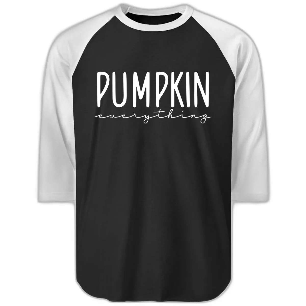 Pumpkin Everything Typography Design Raglan 3/4 in Black White
