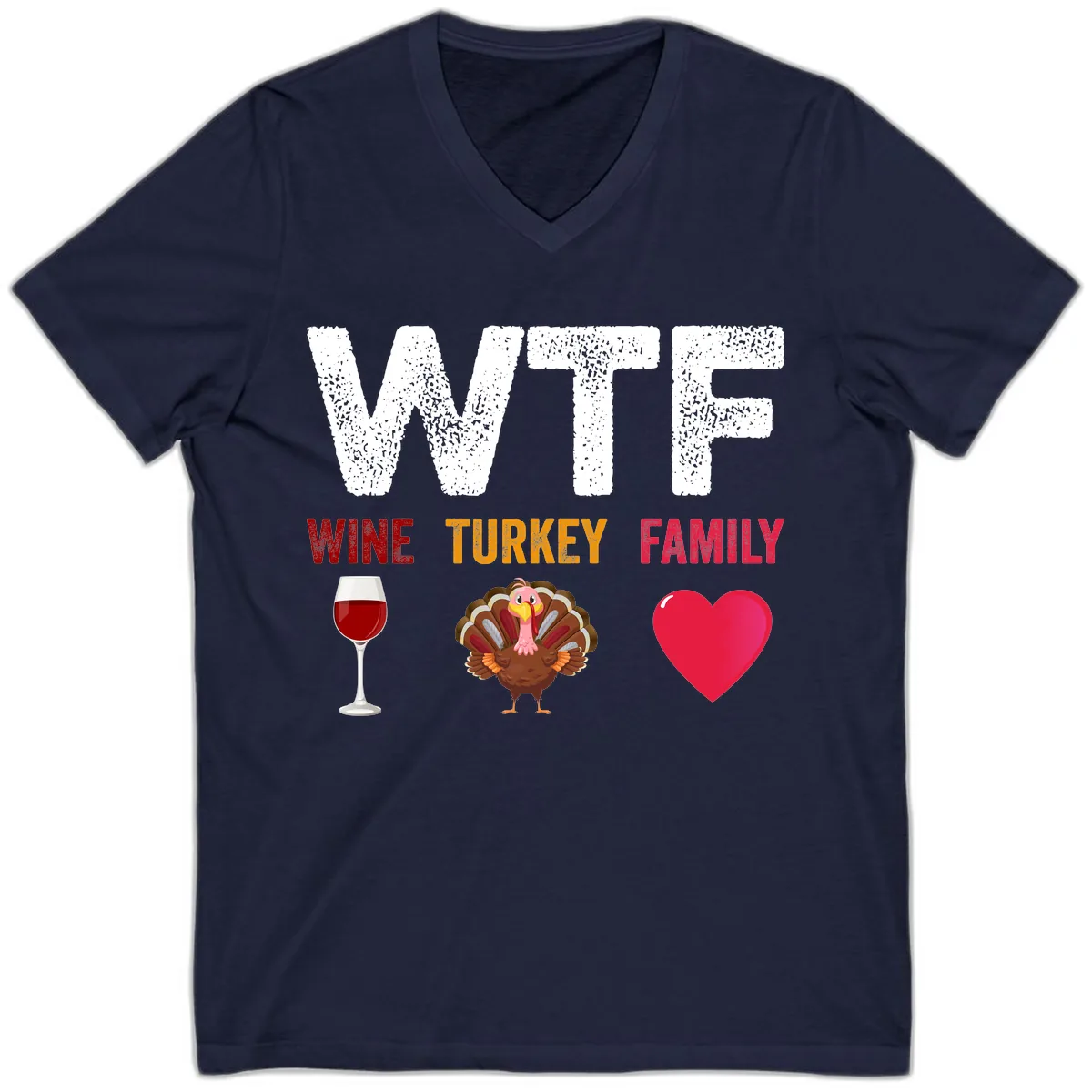 Wine Turkey Family Thanksgiving Shirt V-Neck in Navy