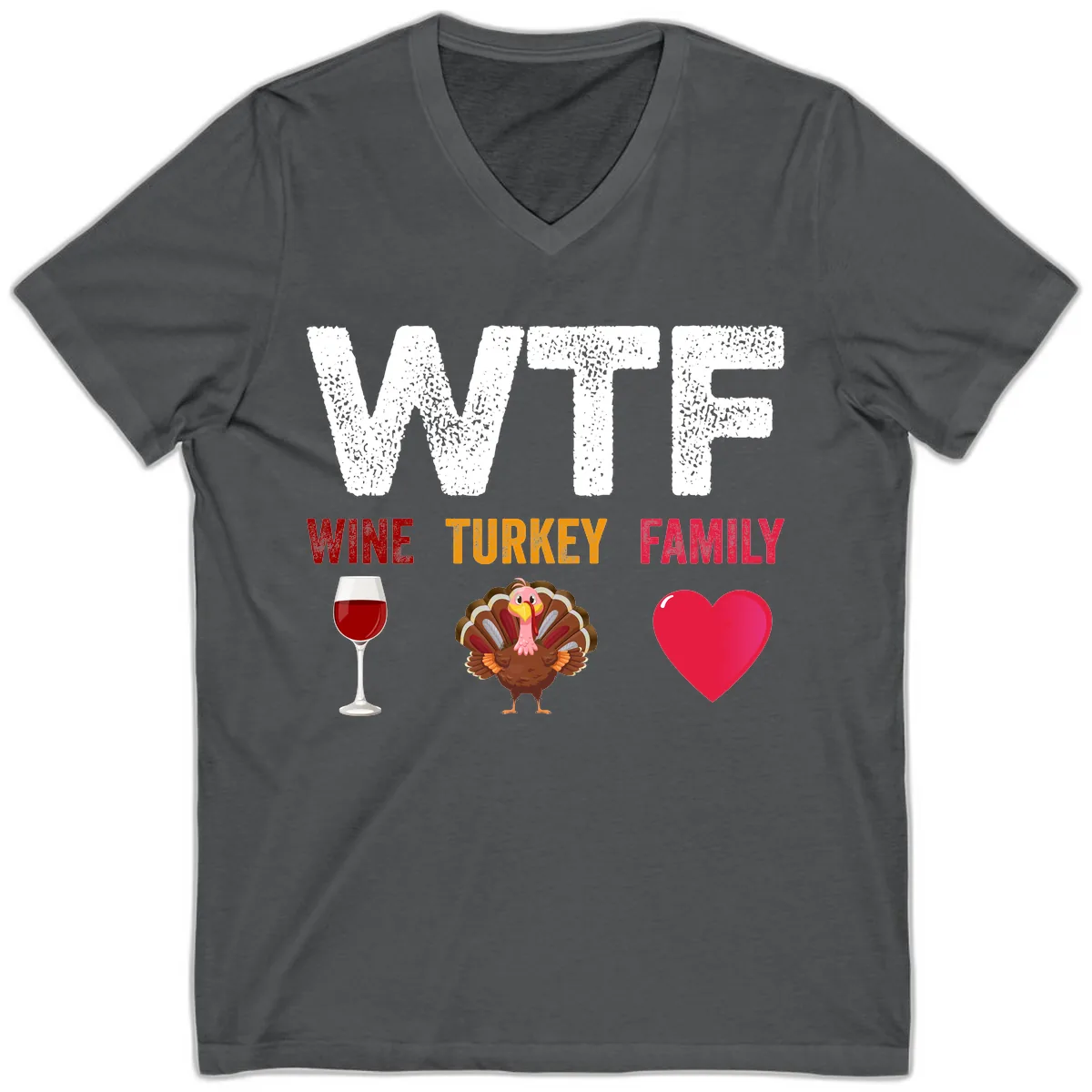 Wine Turkey Family Thanksgiving Shirt V-Neck in Asphalt