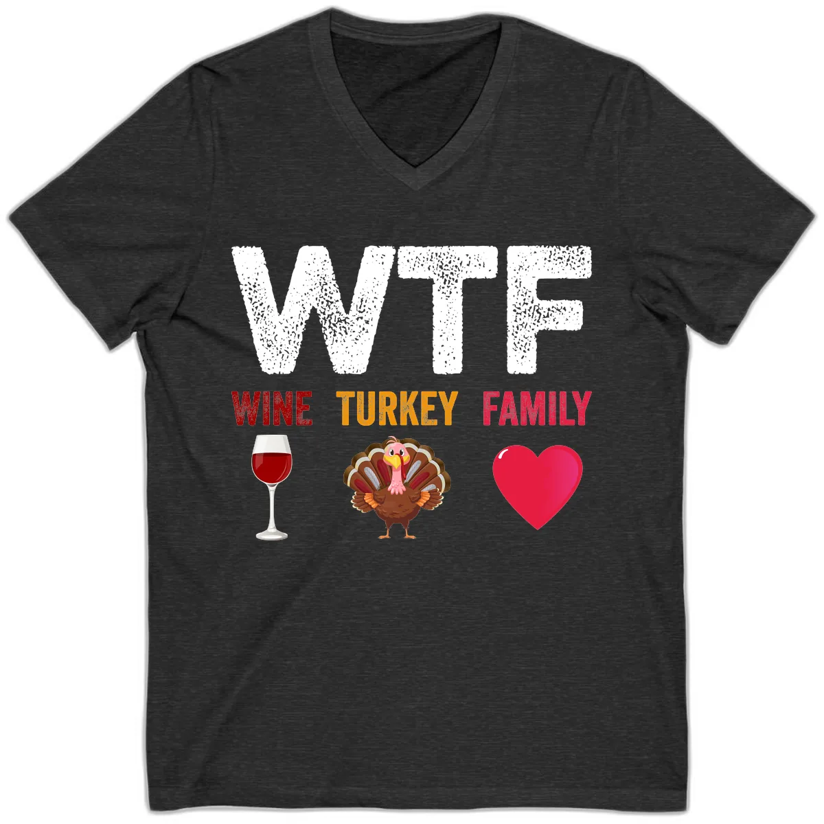 Wine Turkey Family Thanksgiving Shirt V-Neck in Dark Grey Heather
