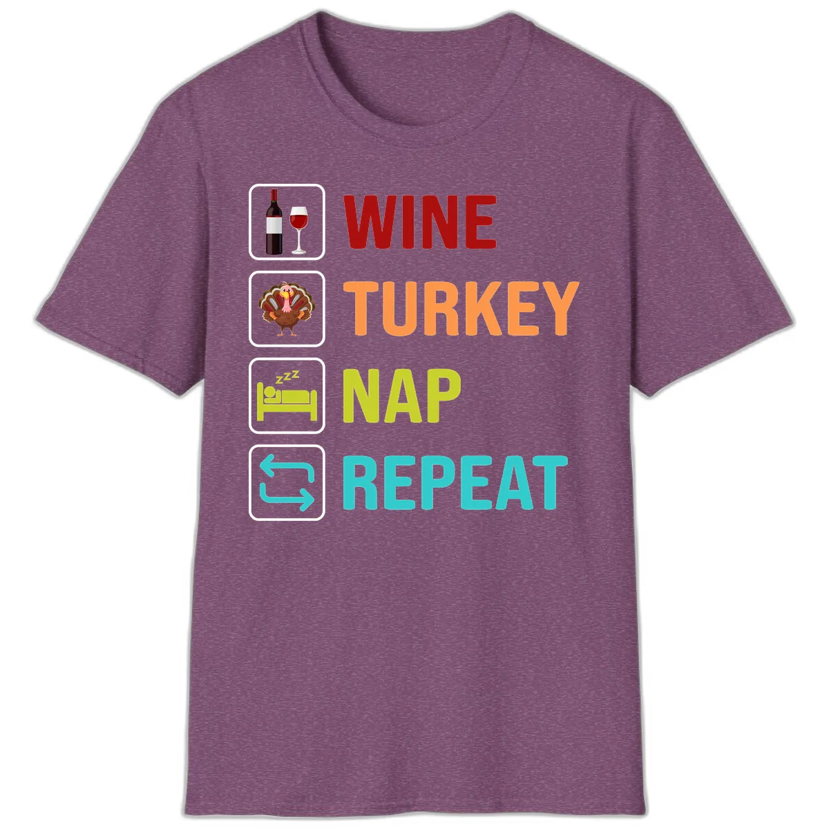 Wine Turkey Nap Repeat Design T-Shirt in Heather Maroon