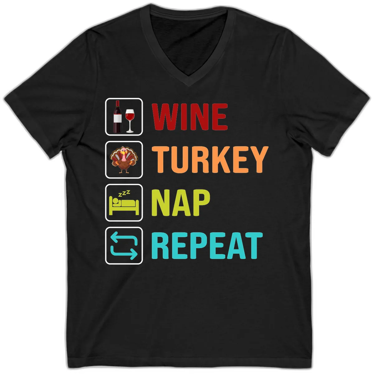 Wine Turkey Nap Repeat Design V-Neck in Black