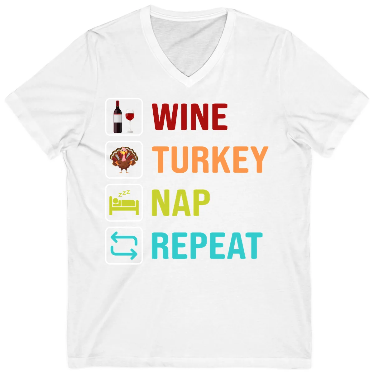 Wine Turkey Nap Repeat Design V-Neck in White