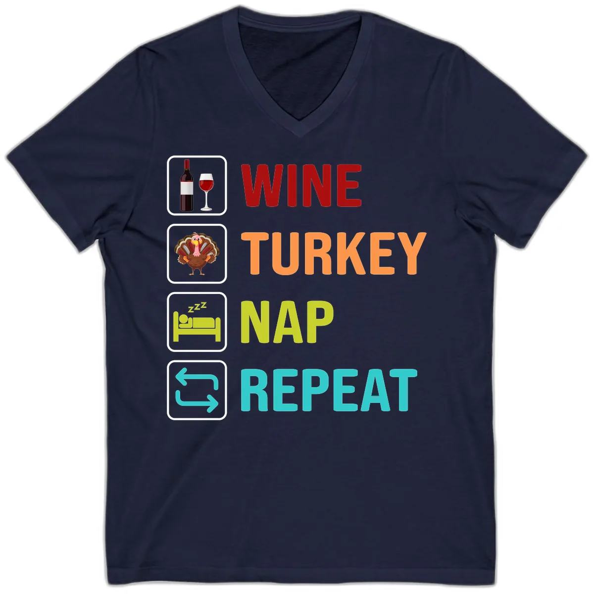 Wine Turkey Nap Repeat Design V-Neck in Navy