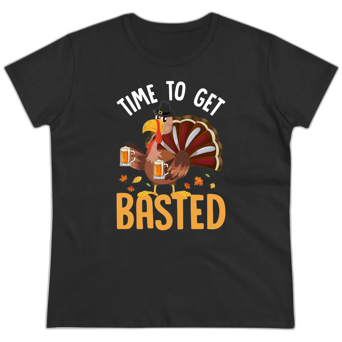 Time To Get Basted Turkey Design Ladies Tee in Black