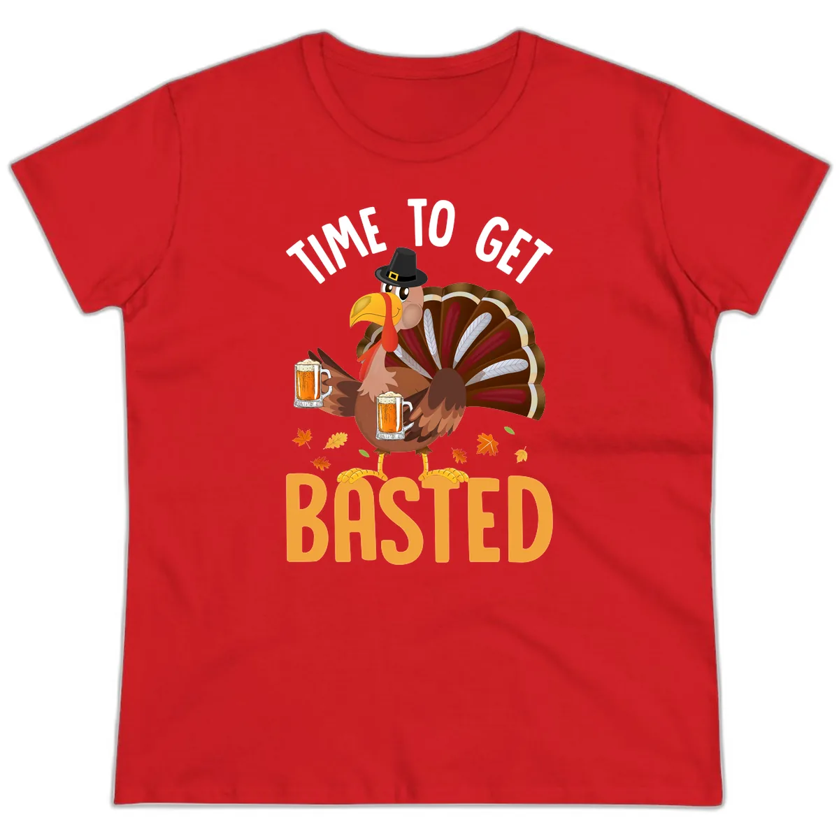 Time To Get Basted Turkey Design Ladies Tee in Red